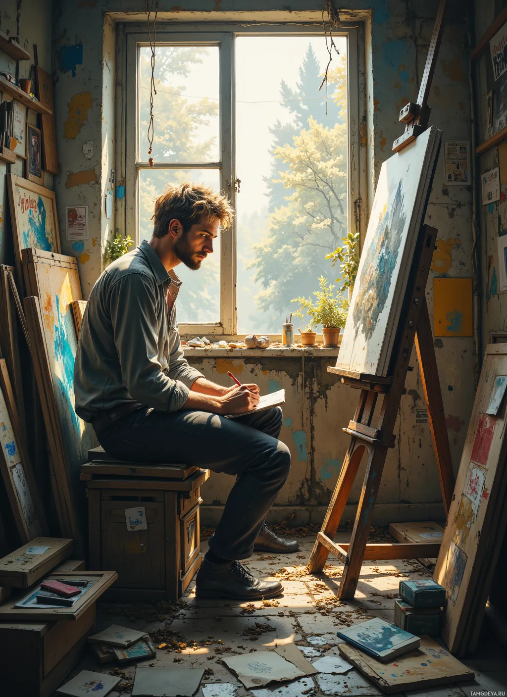 A man sits in a sunlit, cluttered artist's studio, sketching on a pad.