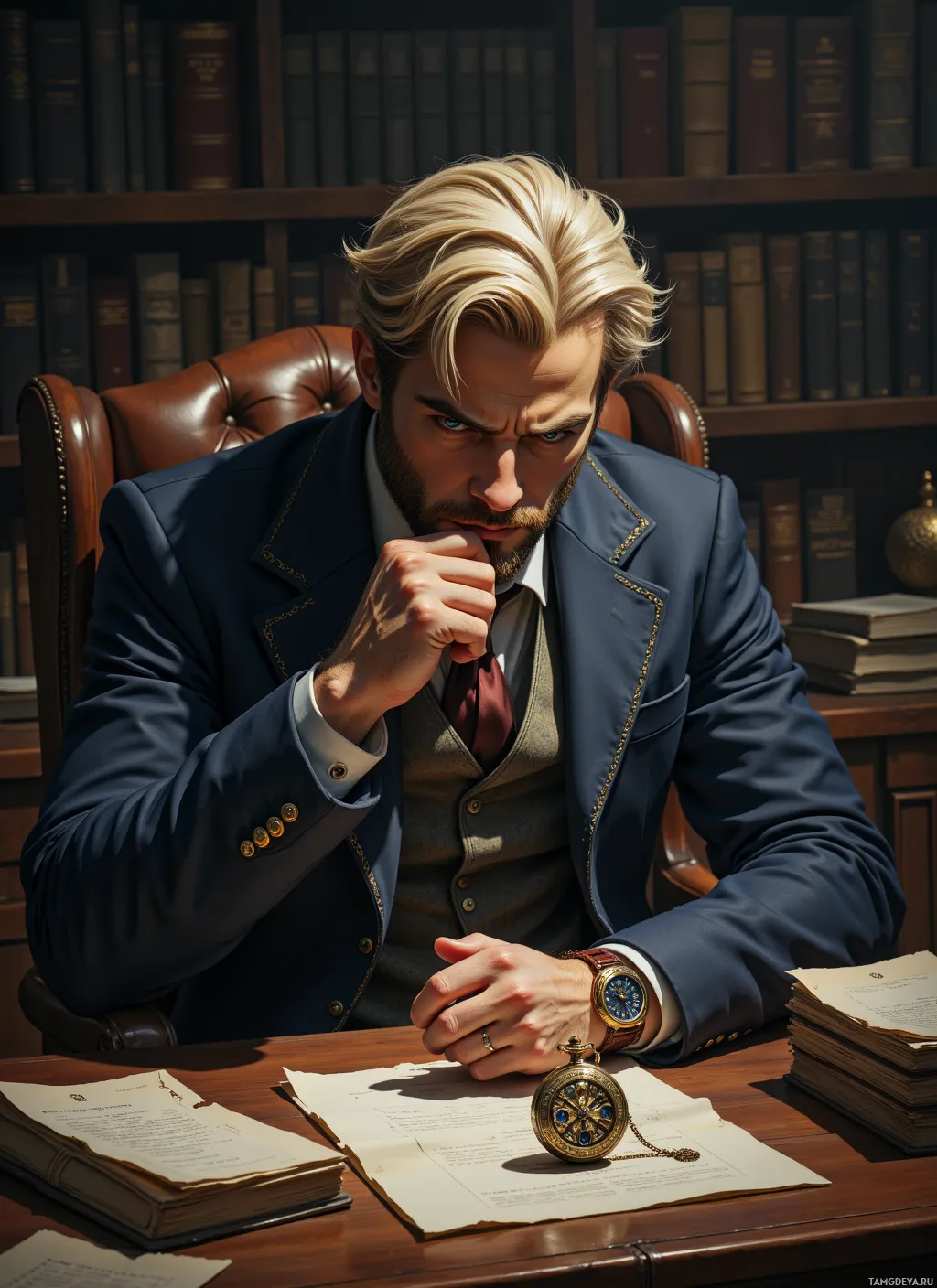 A man in a formal suit sits at a desk in a library, surrounded by books, with a pocket watch and papers in front of him.