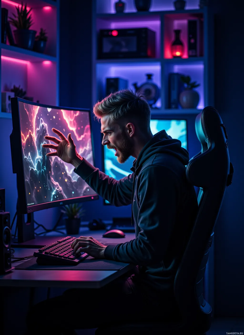 A person is sitting in a gaming chair, interacting with a computer monitor displaying a vibrant, colorful screen.
