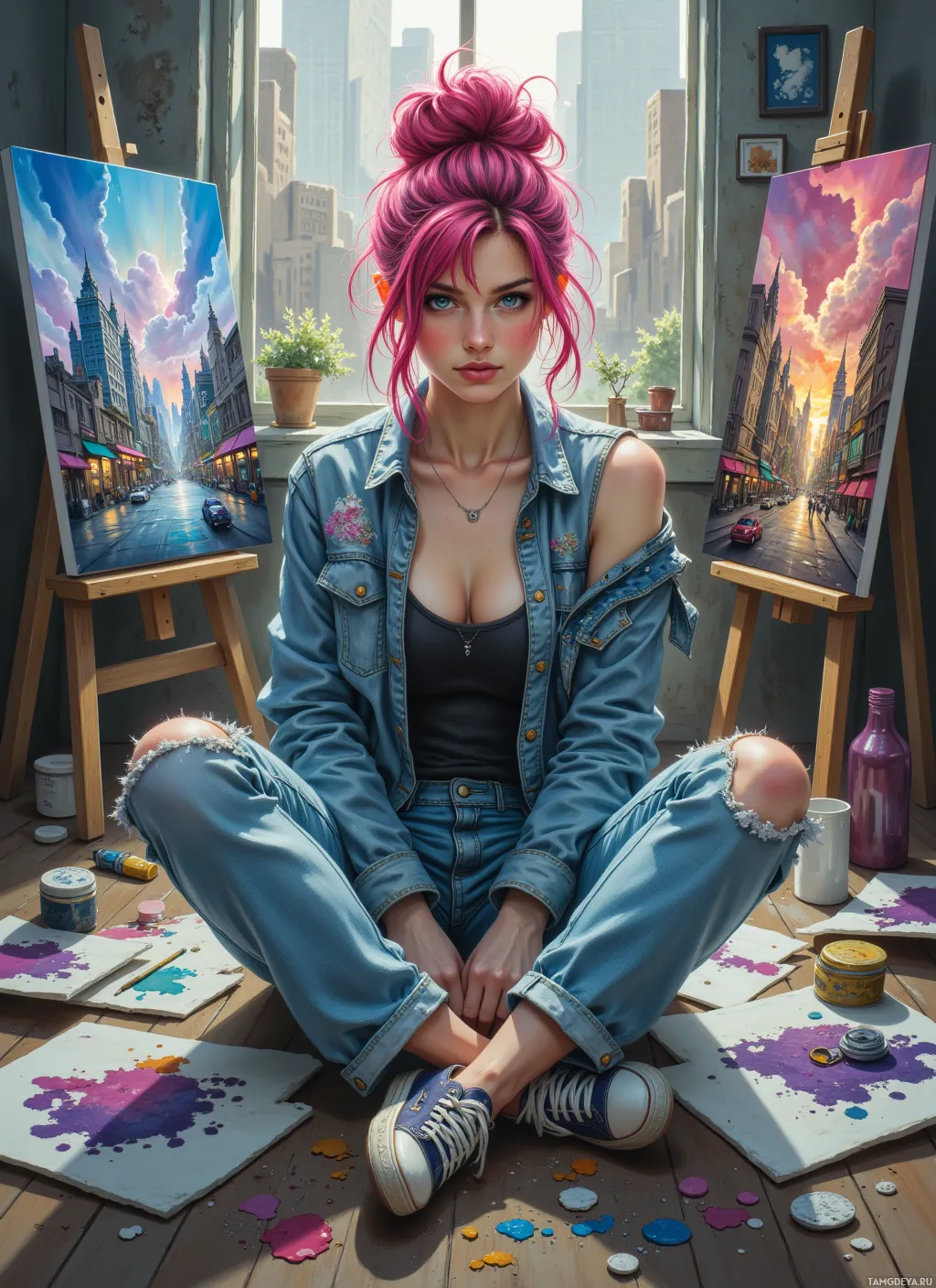A person with pink hair sits cross-legged in a studio, surrounded by art supplies and paintings.