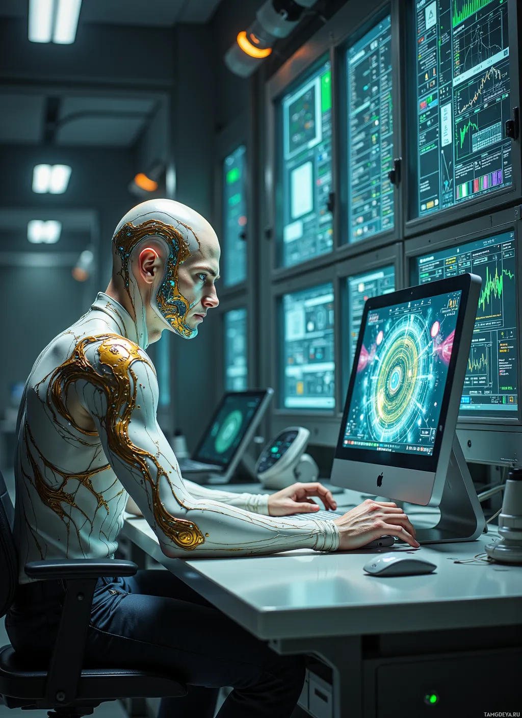 A person with a futuristic, cybernetic appearance works at a desk in a high-tech control room.