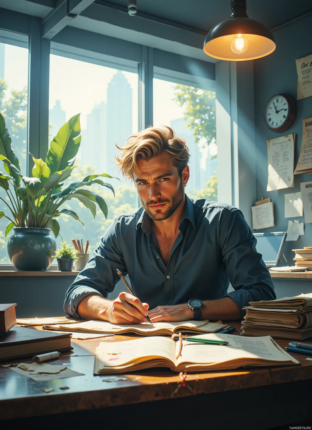 A man sits at a desk in a well-lit room, writing in a notebook with a pen.