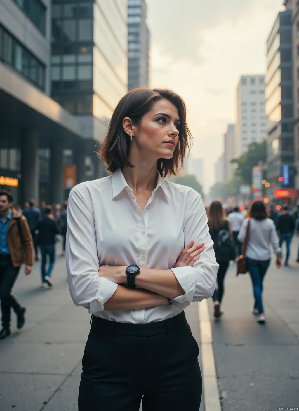 A woman in a white shirt and black pants stands with her arms crossed on a city street.