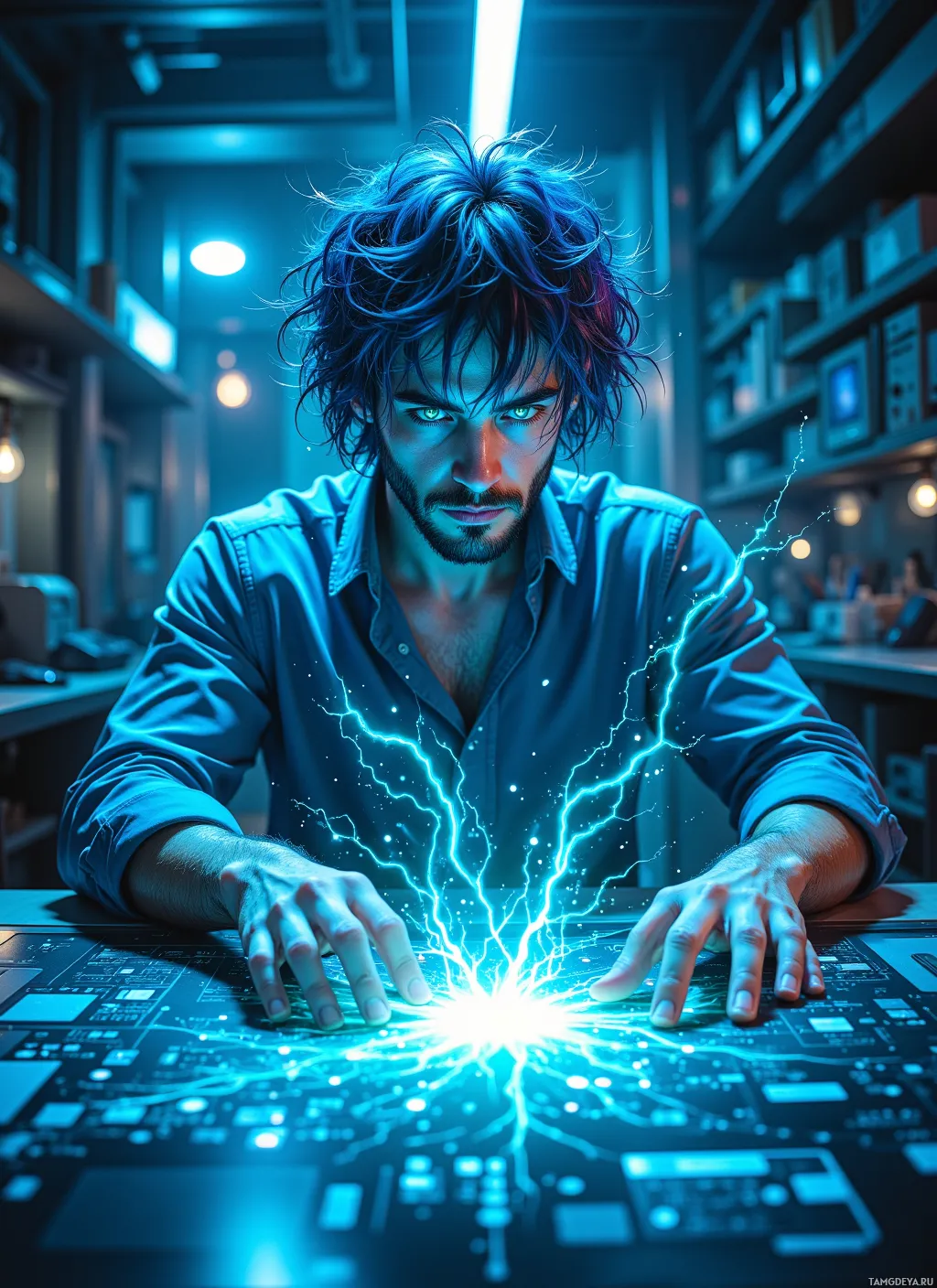 A man with glowing blue hair and eyes stands in a dimly lit room, his hands hovering over a glowing circuit board.