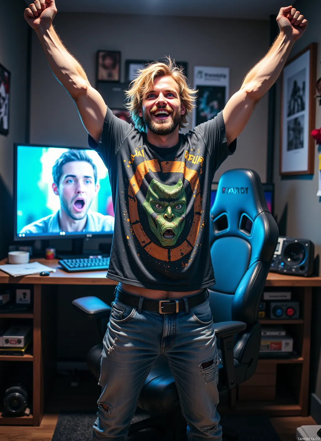 A person celebrates enthusiastically in a gaming setup with a monitor displaying another individual.