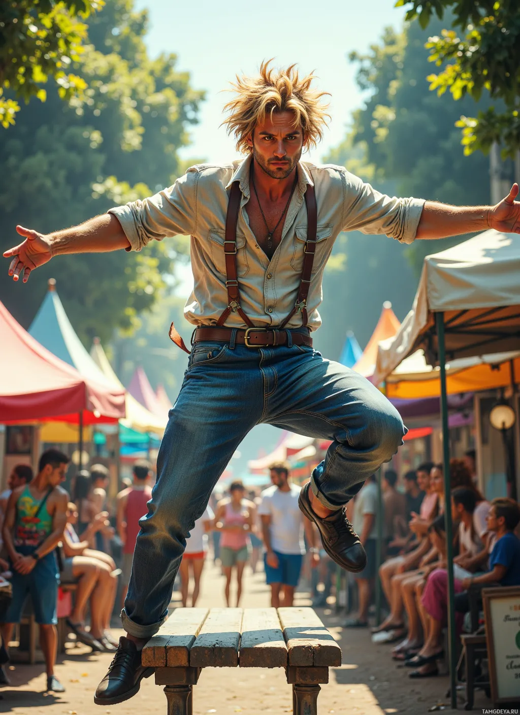 A man balances on a bench in a lively outdoor market setting.