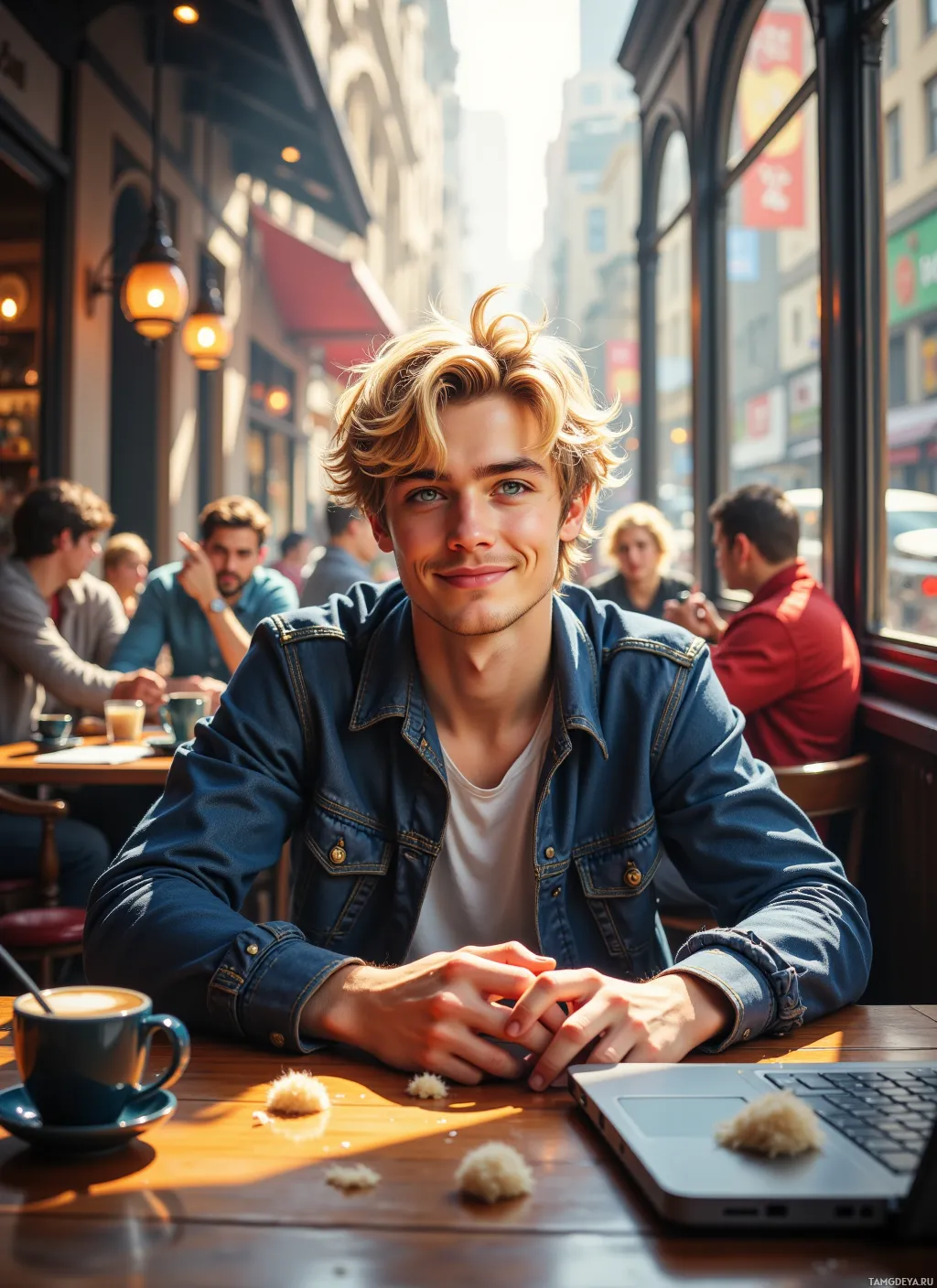 A young man sits at a cafe table with a laptop and a cup of coffee, smiling at the camera.