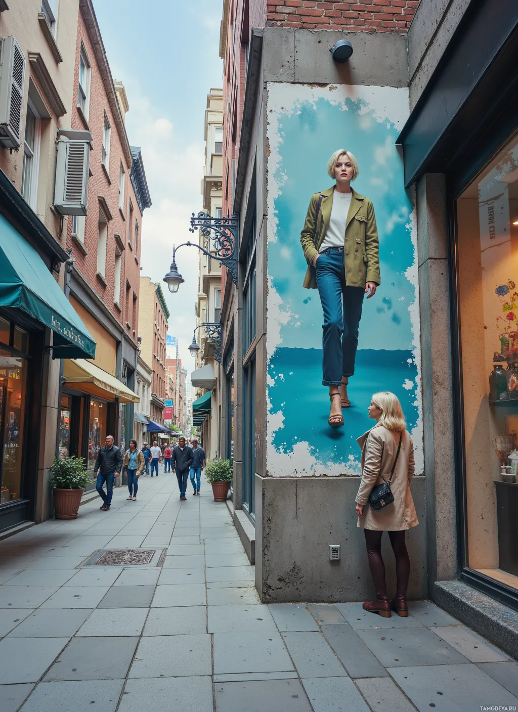 A woman stands on a wall in an urban alleyway, with a large mural of another woman above her.