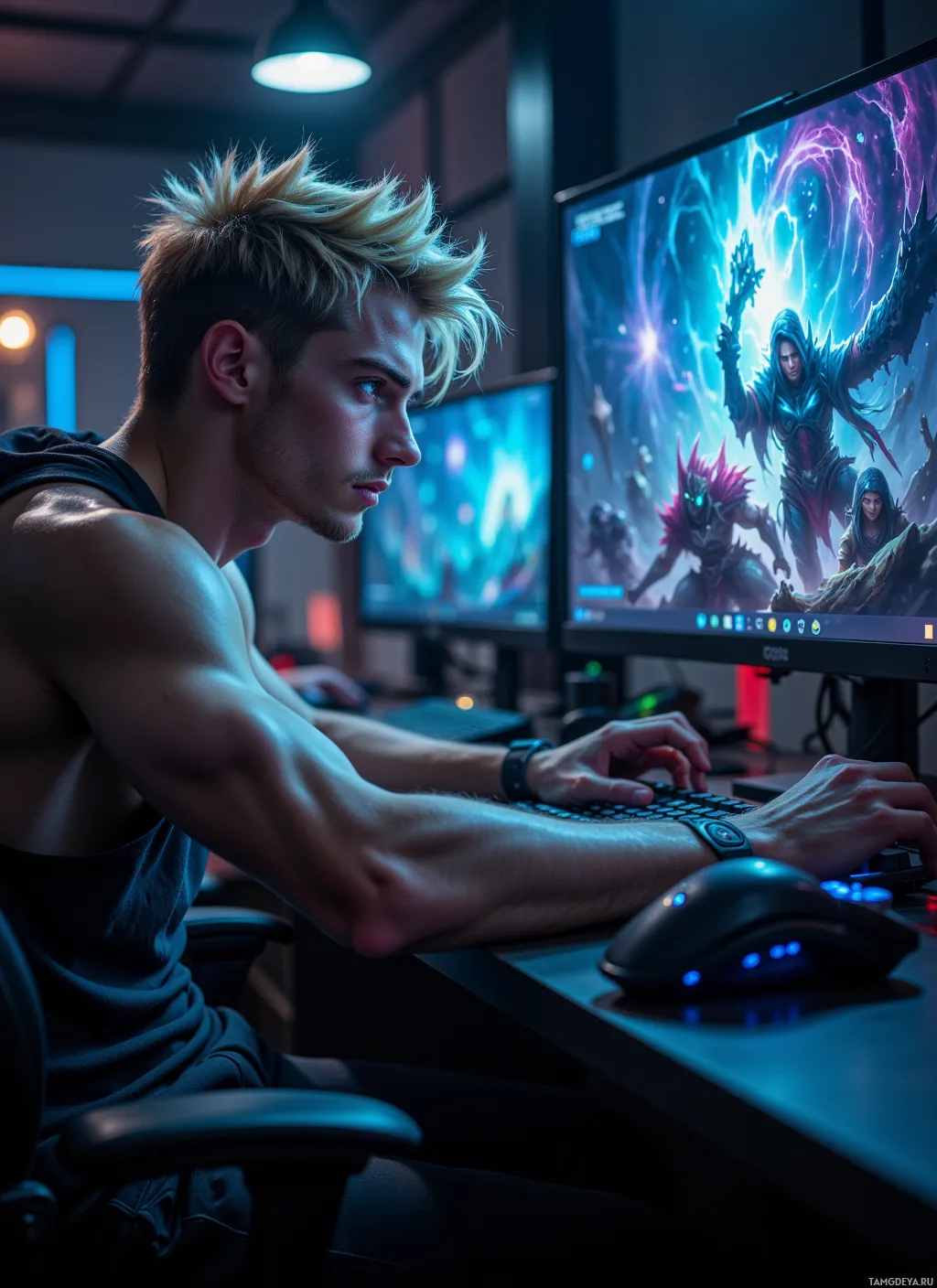 A person is intensely focused on a computer game, with a vibrant screen displaying fantasy characters.