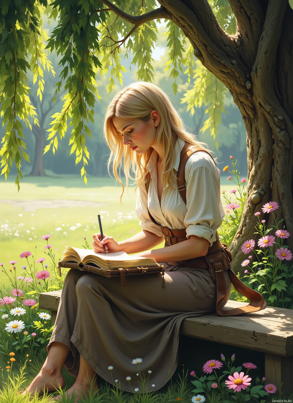 A woman sits on a bench under a tree, writing in a notebook surrounded by flowers.
