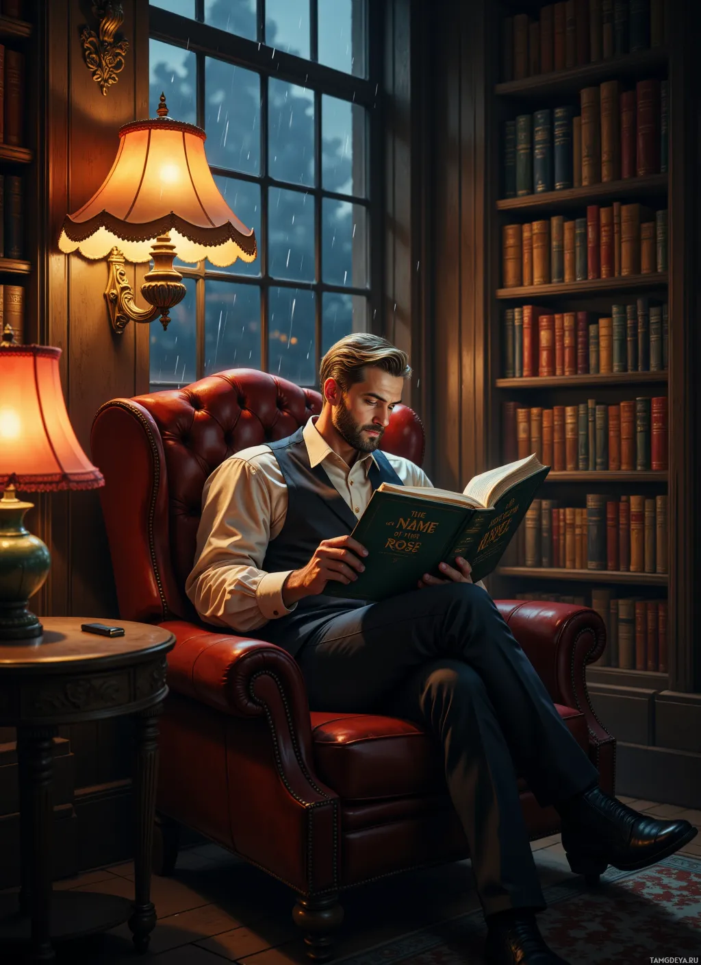 A man sits in a leather armchair reading a book in a cozy library with bookshelves and a lamp.
