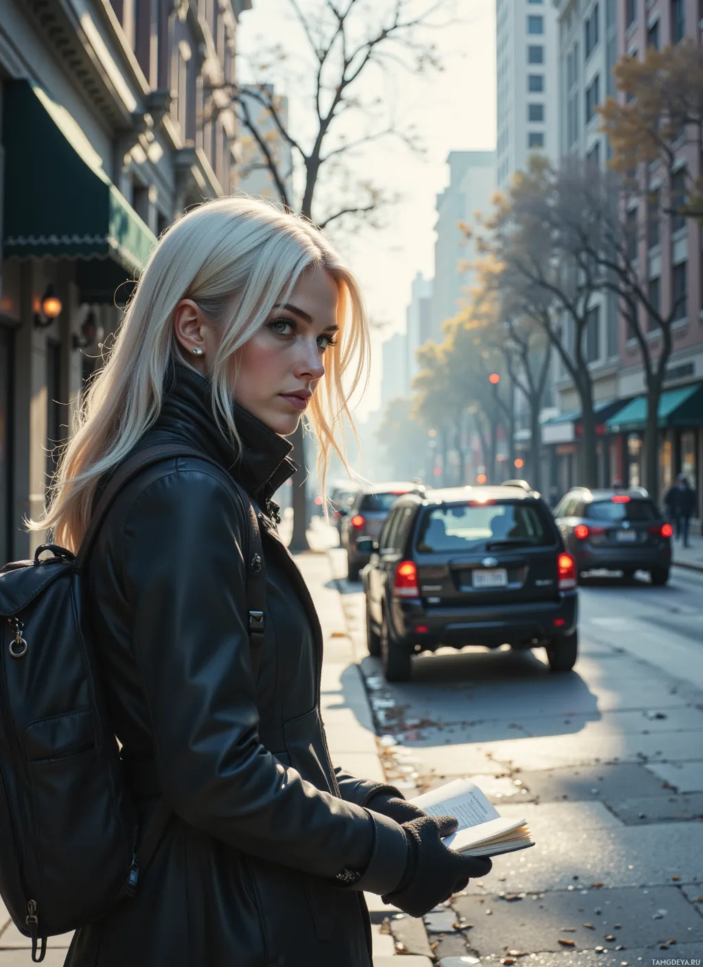A woman in a black coat and gloves stands on a city street, holding an open book.
