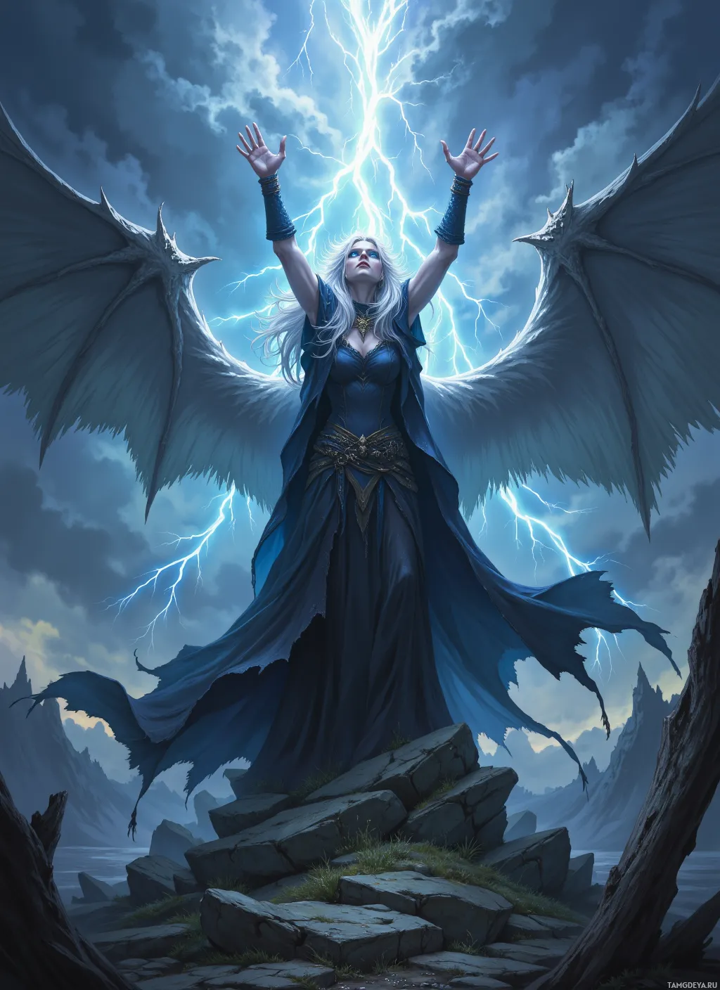 A powerful figure with wings and a blue robe stands on a rocky outcrop, surrounded by lightning.