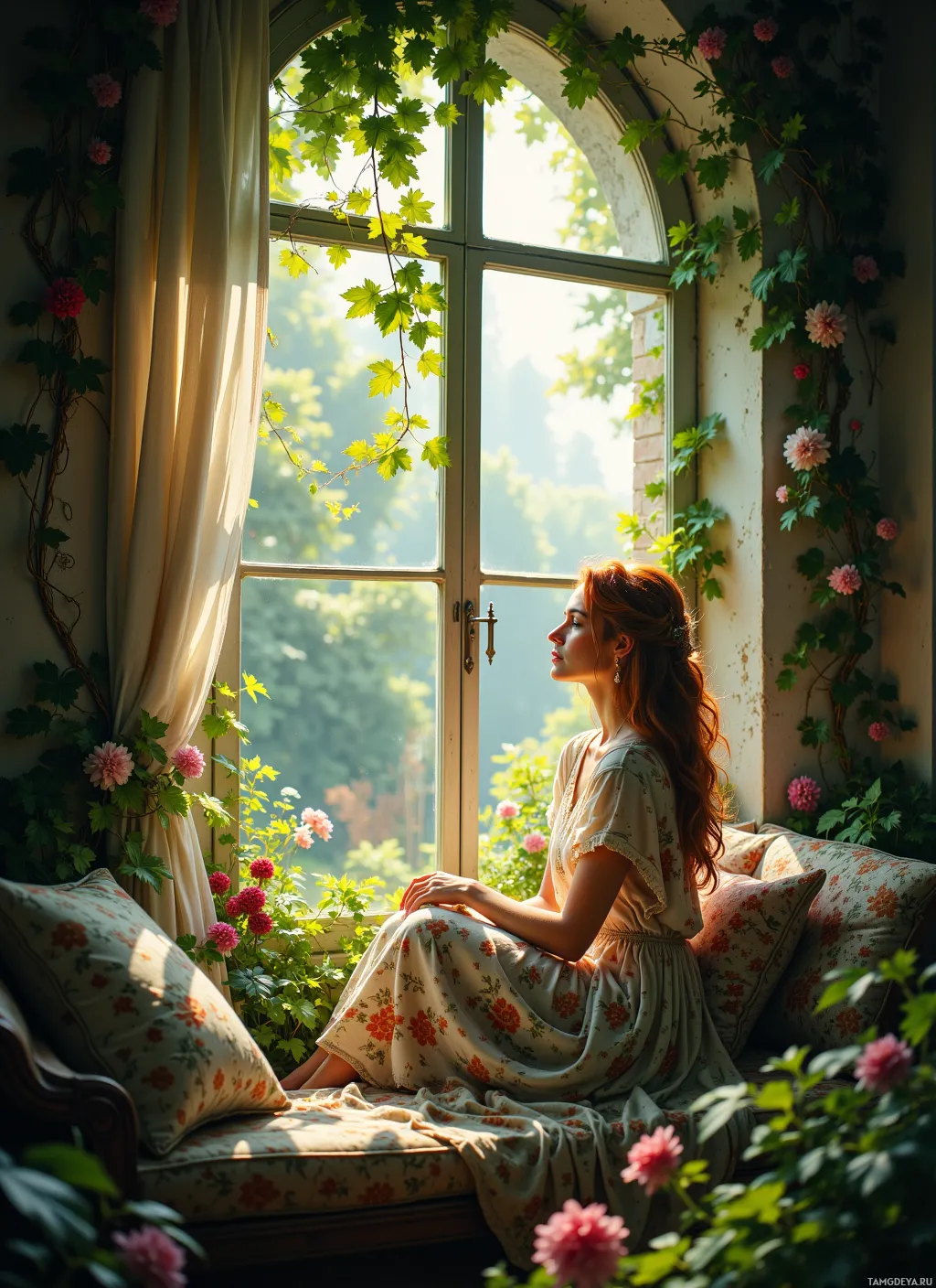 A woman in a floral dress sits on a cushioned bench by a window adorned with greenery and flowers, gazing outside.