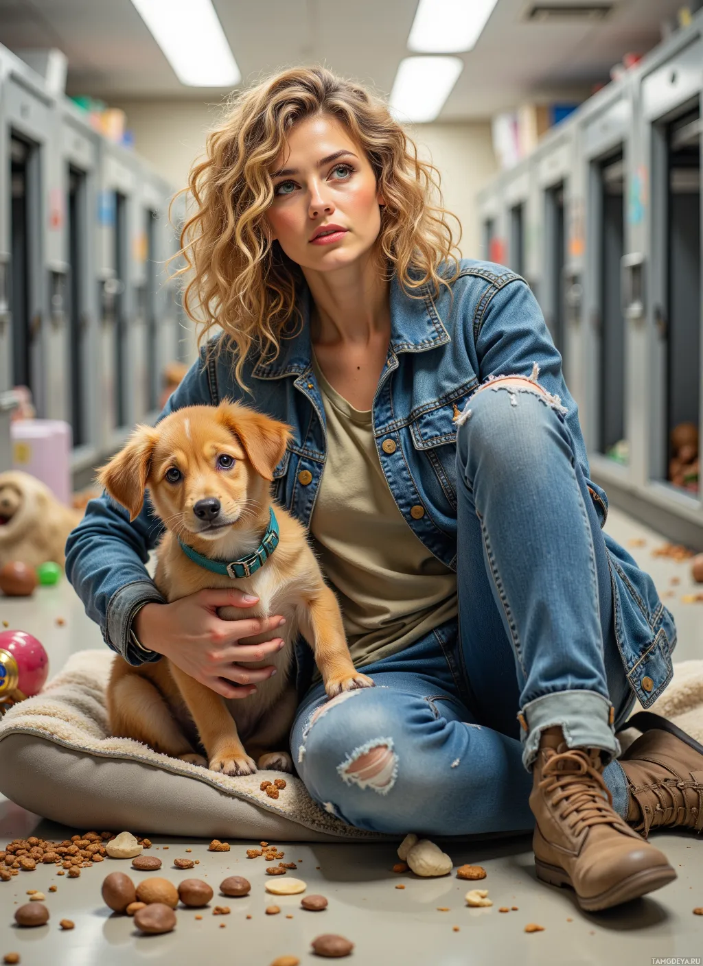 A woman sits on the floor with a puppy, surrounded by scattered dog treats.