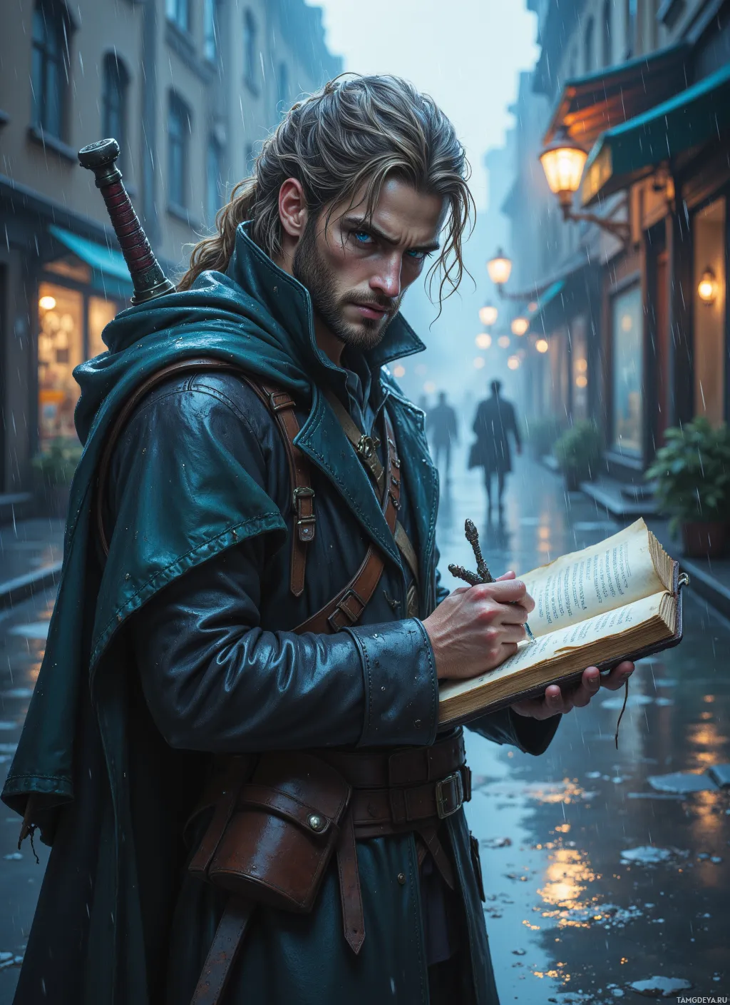 A man in a leather coat and cape writes in a book under rain on a dimly lit street.
