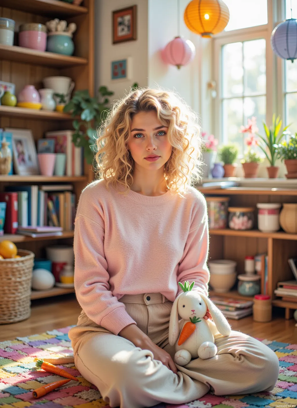 A woman sits on a colorful rug in a cozy room, holding a plush rabbit toy.