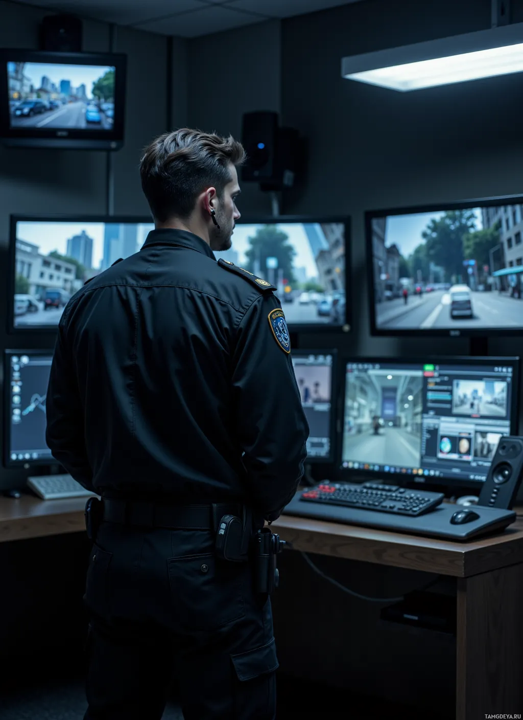 A security officer stands in a control room, monitoring multiple screens displaying city traffic.