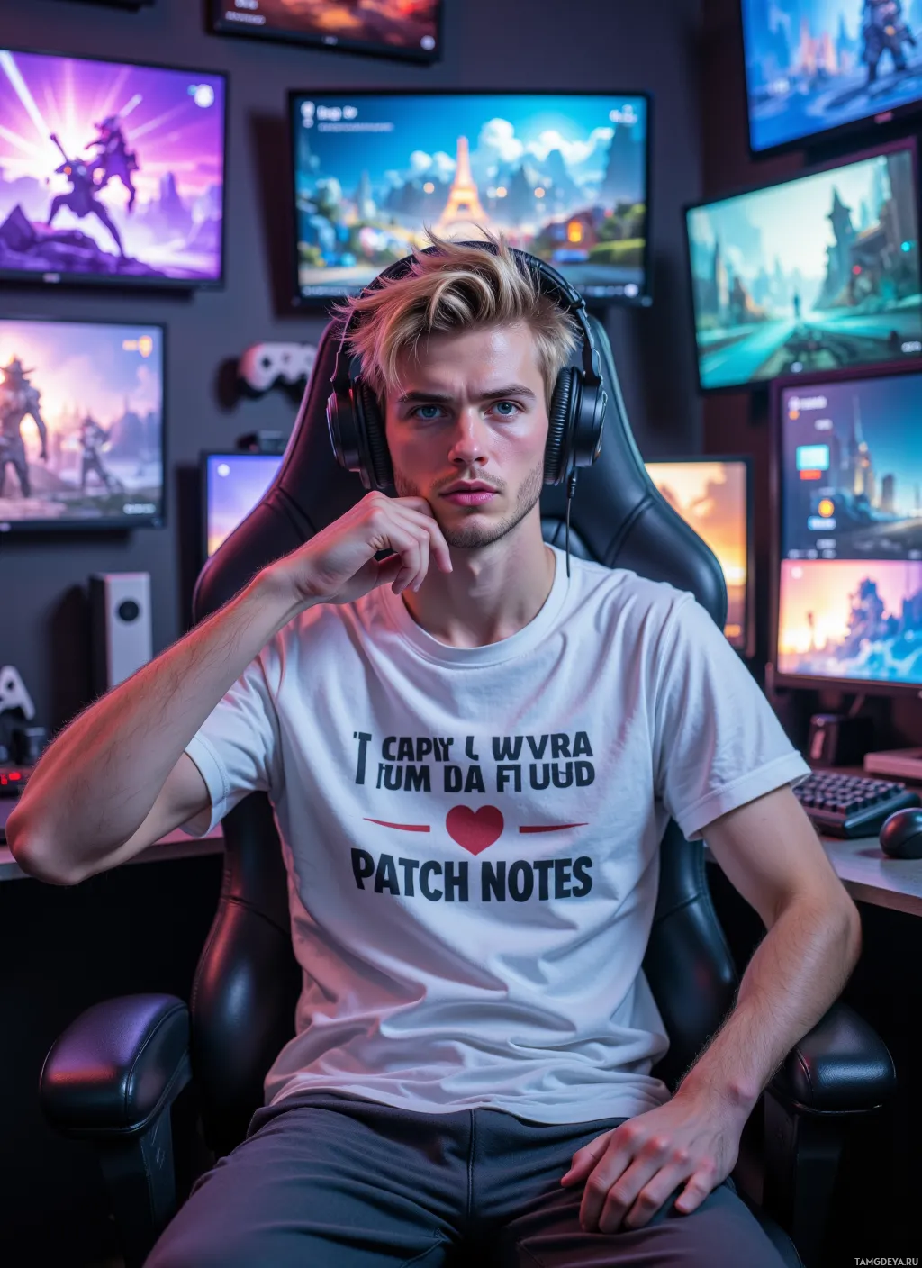 A person wearing headphones and a t-shirt sits in a gaming setup with multiple monitors displaying game scenes.