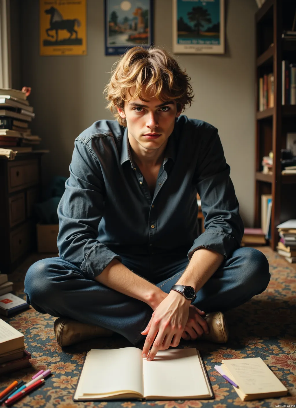 A person sits cross-legged on the floor in a room with books and posters, holding an open notebook.