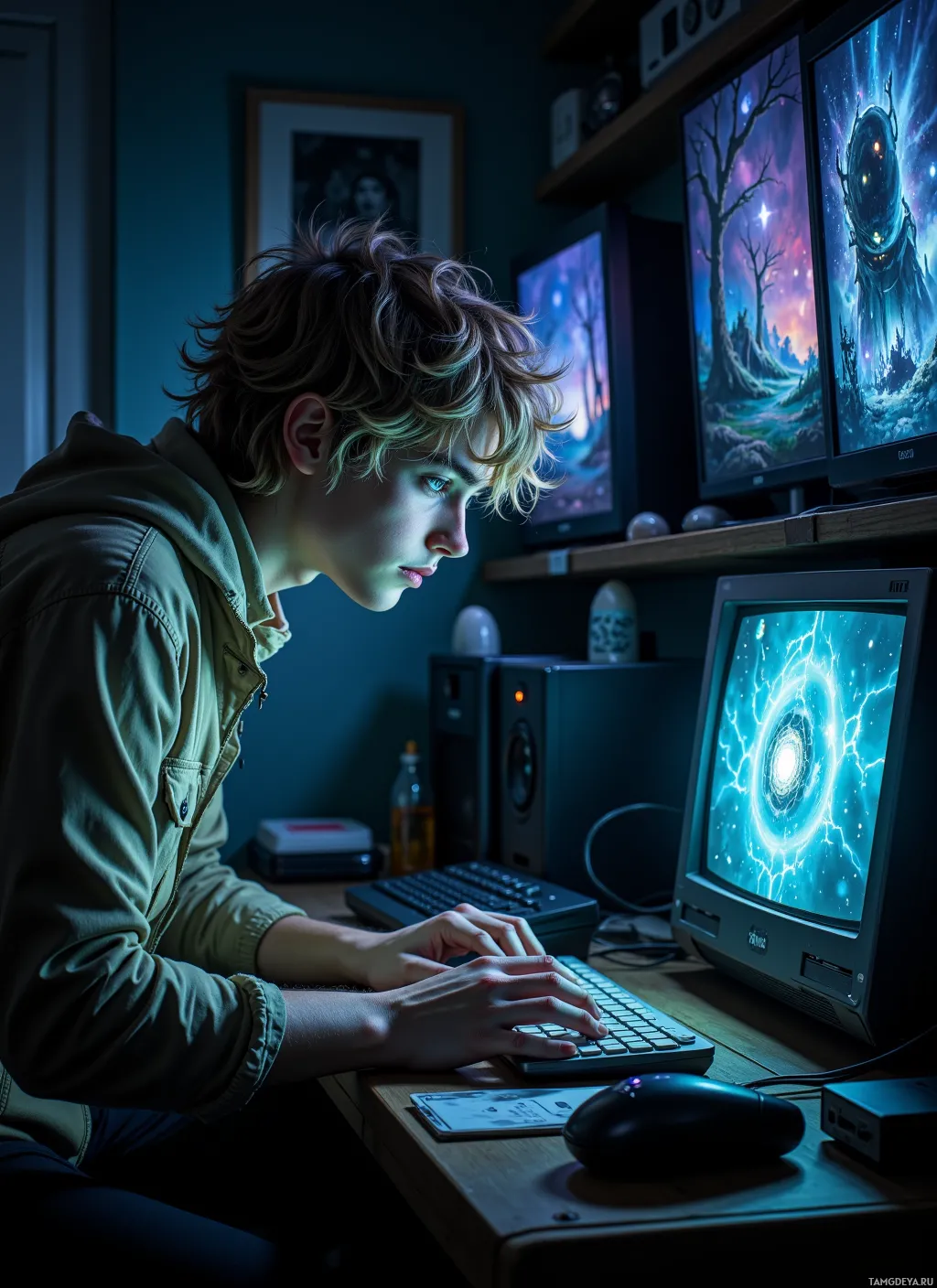 A person is sitting at a desk, working on an old computer with a monitor displaying a cosmic scene.