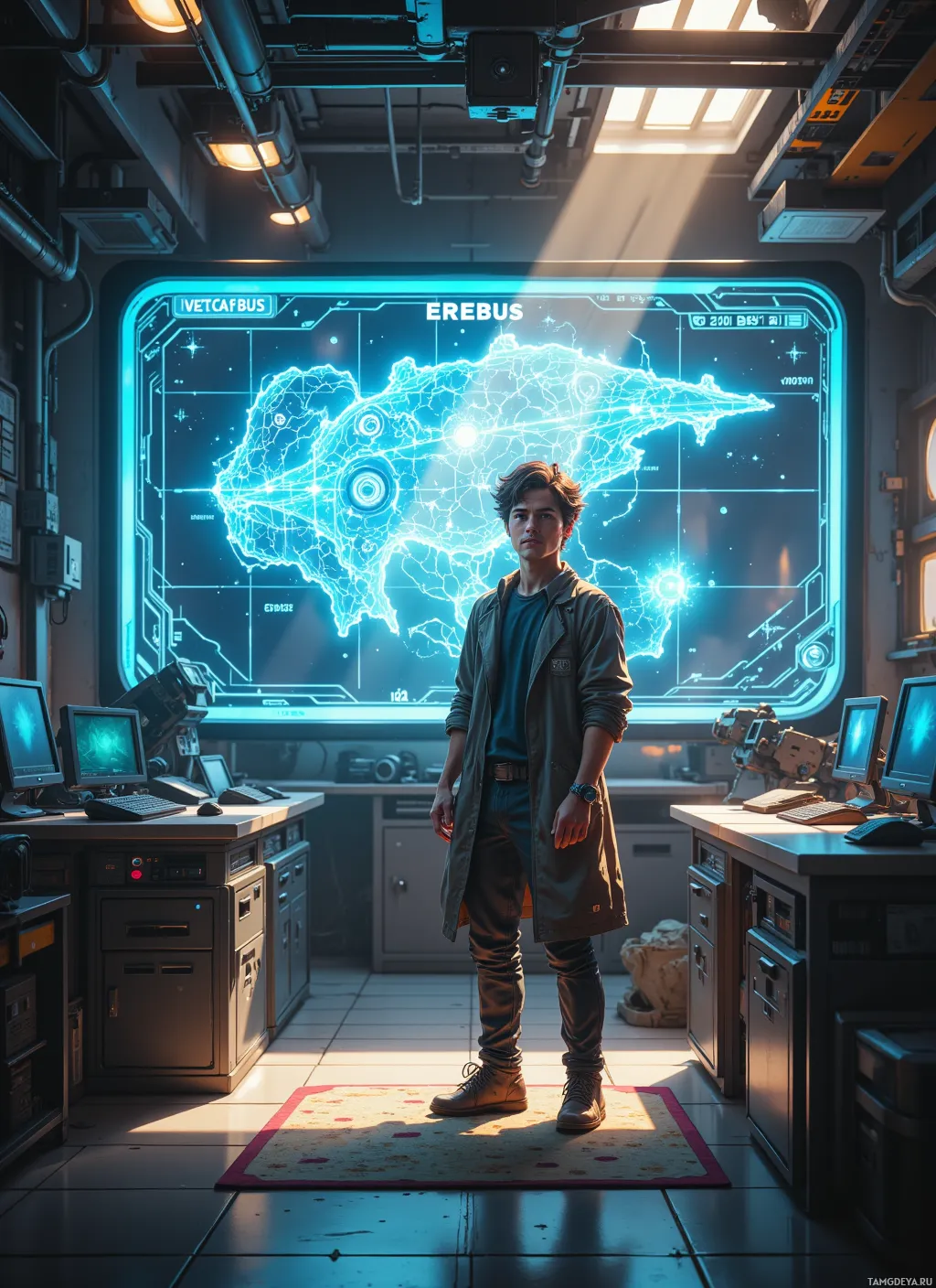 A person stands in a futuristic control room with a glowing map and multiple screens.