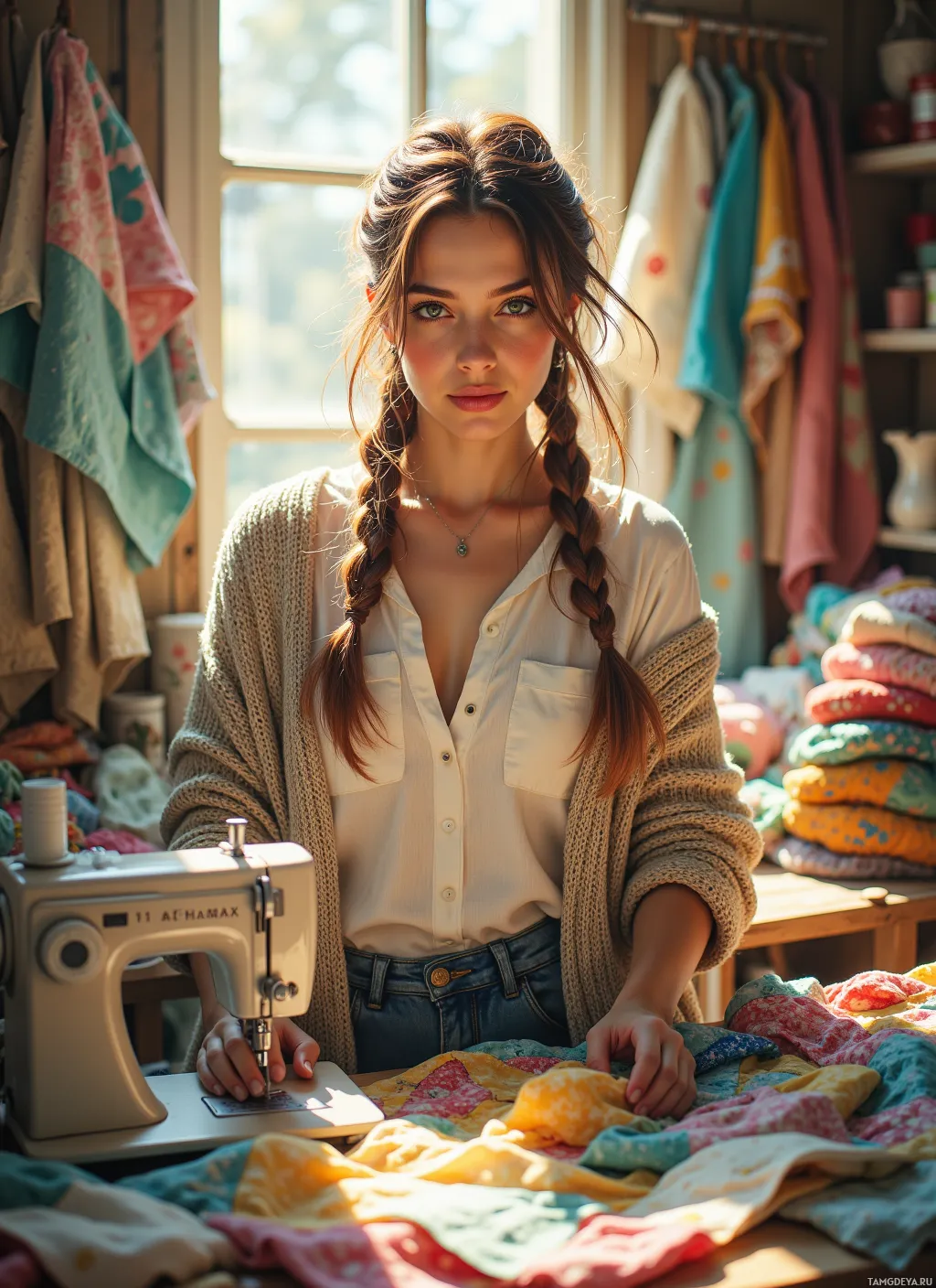 A woman is working at a sewing machine in a well-lit room filled with fabric and clothing.