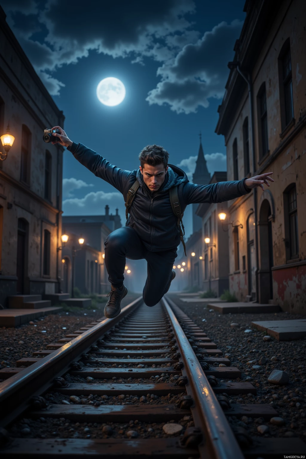 A person jumps mid-air on train tracks under a full moon.