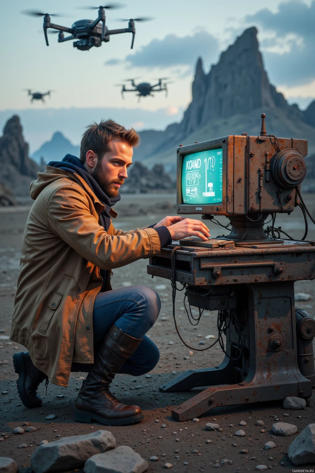 A man operates a rugged, old-fashioned computer in a rugged, mountainous landscape with drones flying overhead.
