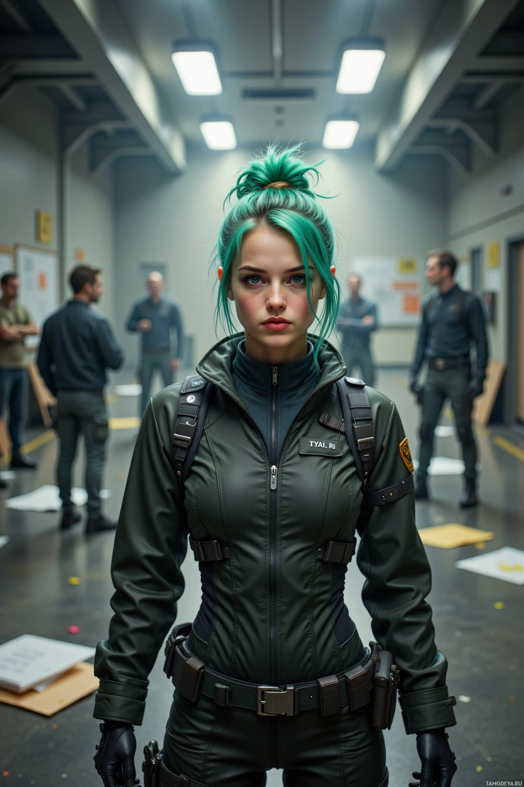 A person in a green tactical uniform stands in a hallway with others in the background.