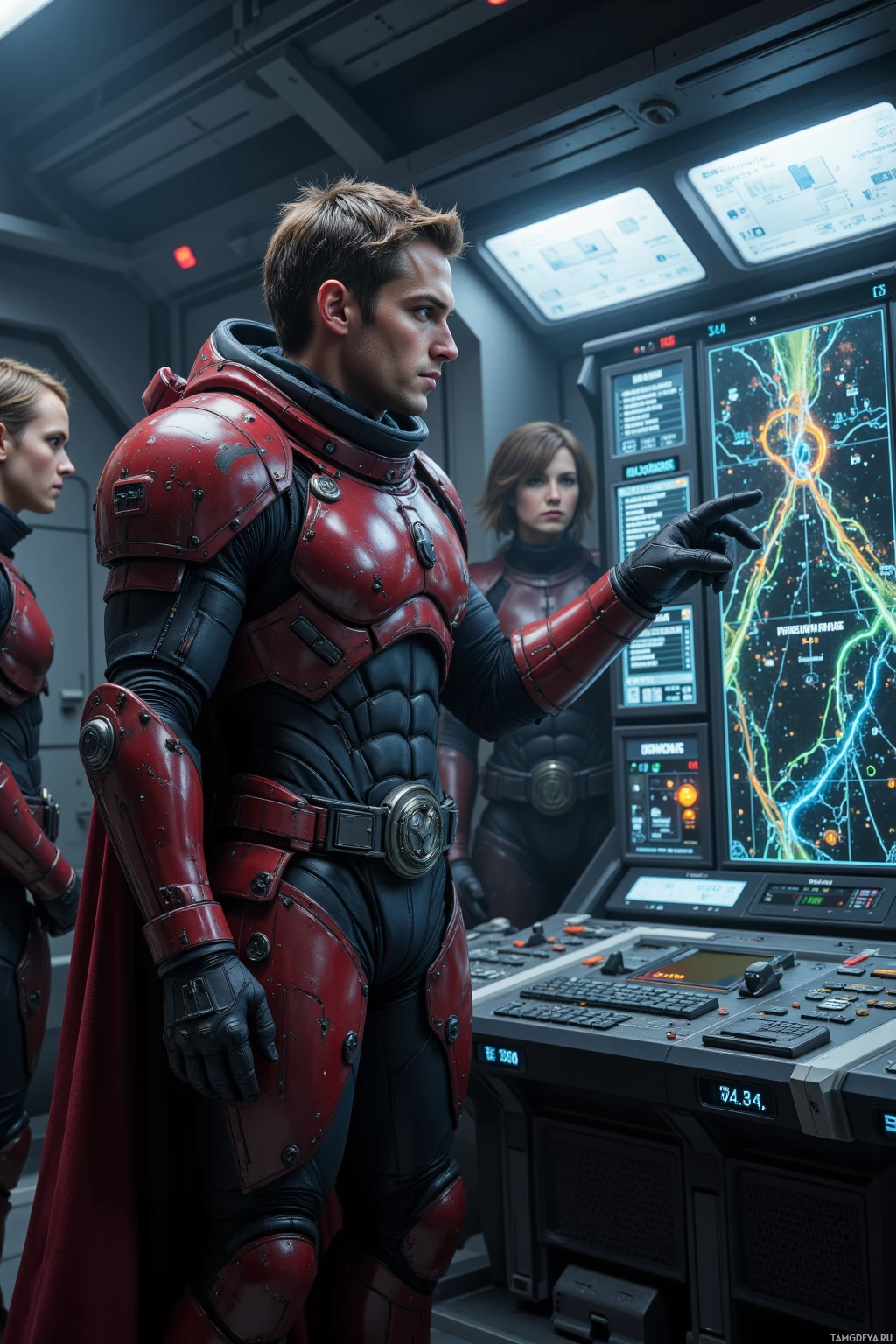 A person in a red and black armored suit stands in a futuristic control room, pointing at a map on a screen.