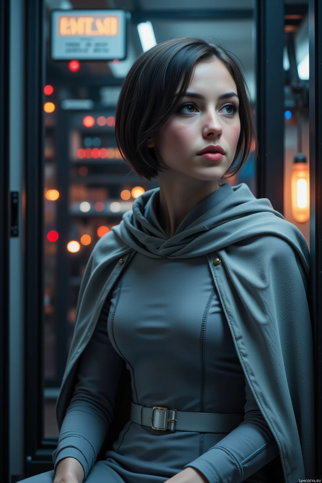 A woman in a gray outfit with a hooded cape stands in a dimly lit, futuristic setting.