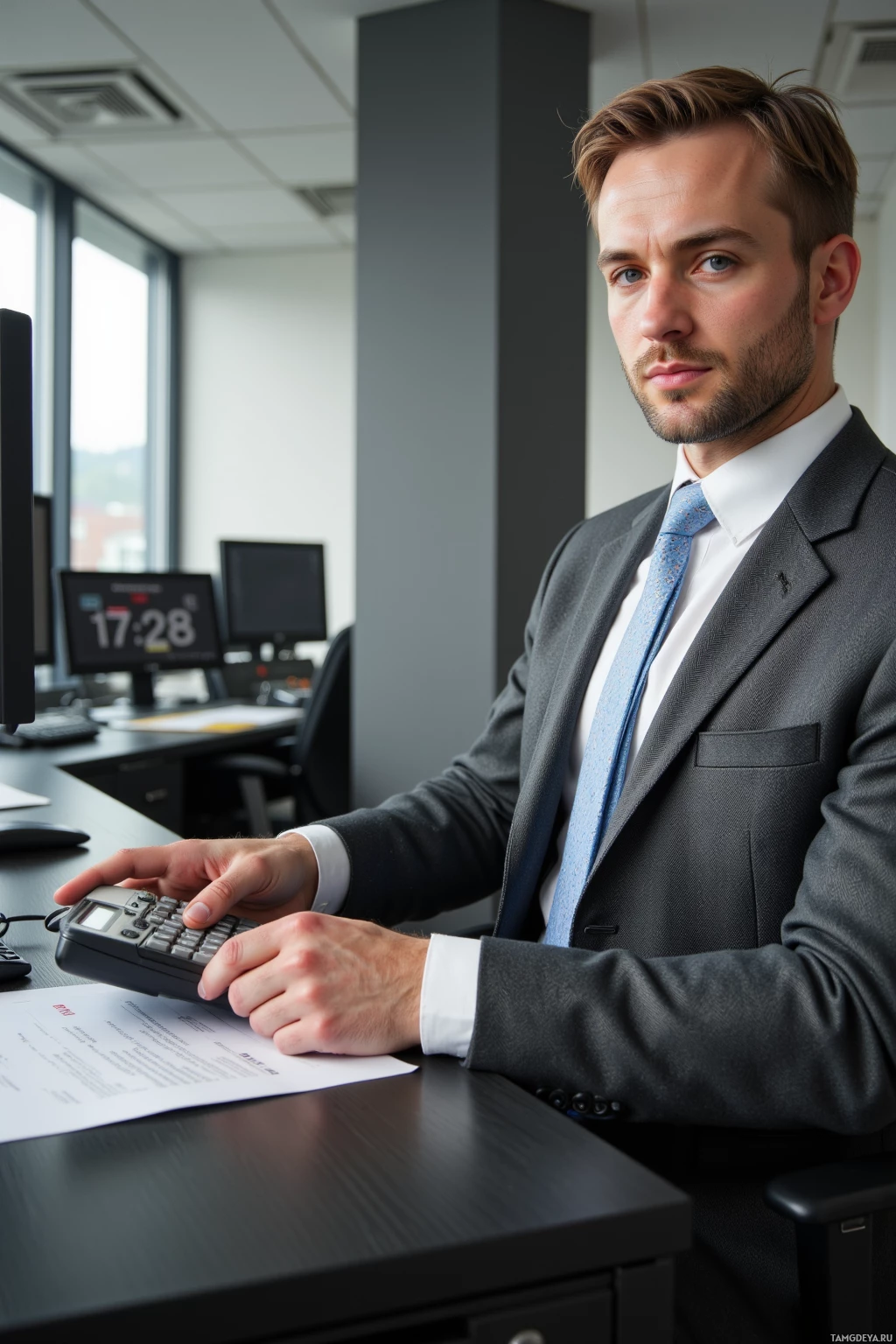 A man in a suit sits at a desk, using a calculator.