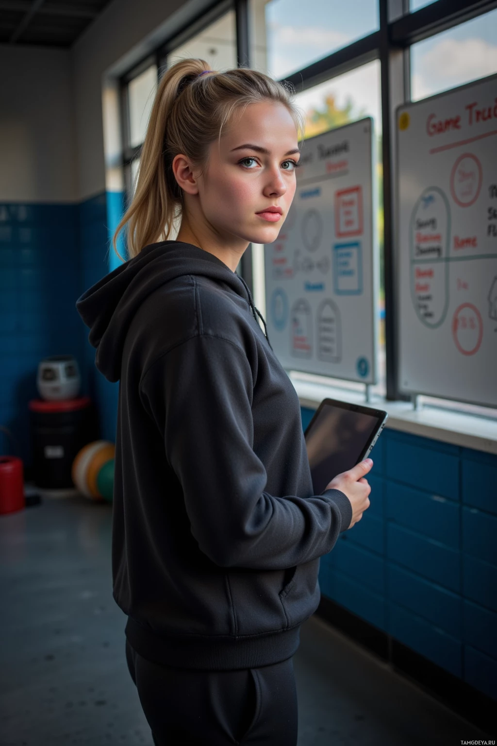 A person in a black hoodie stands in a room with a whiteboard, holding a tablet.