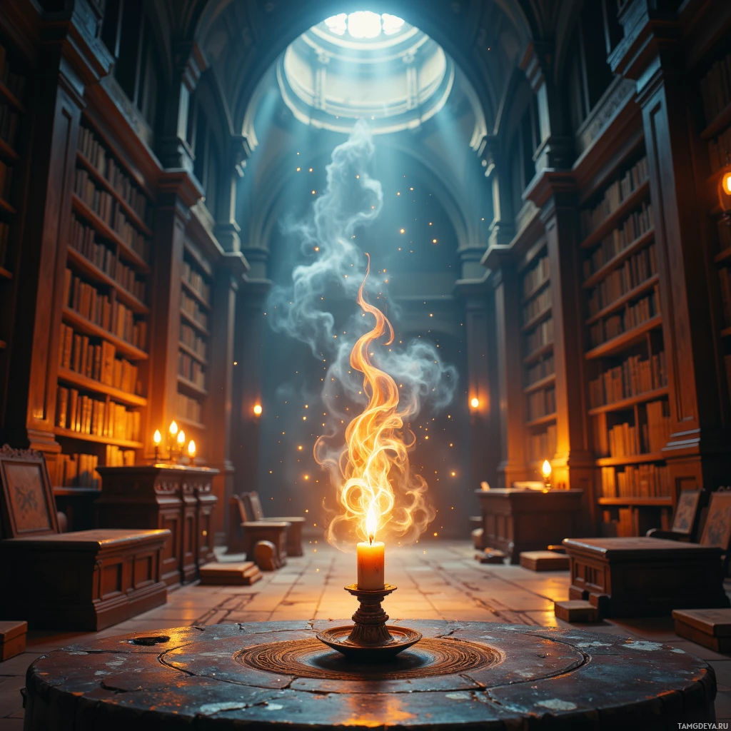 A candle burns brightly in a grand library with high ceilings and bookshelves.