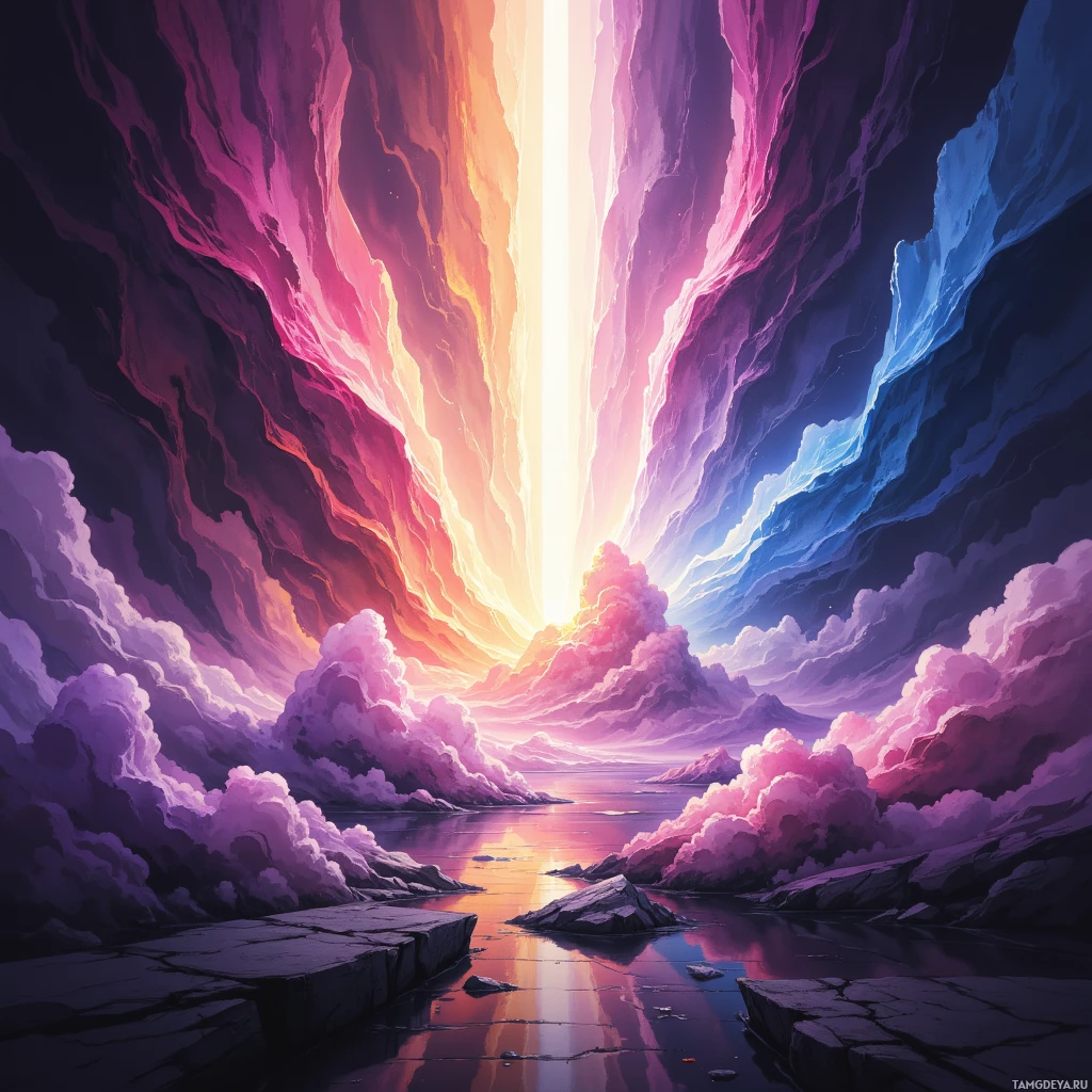 A vibrant, surreal landscape featuring a glowing vertical light source, colorful clouds, and a reflective body of water.