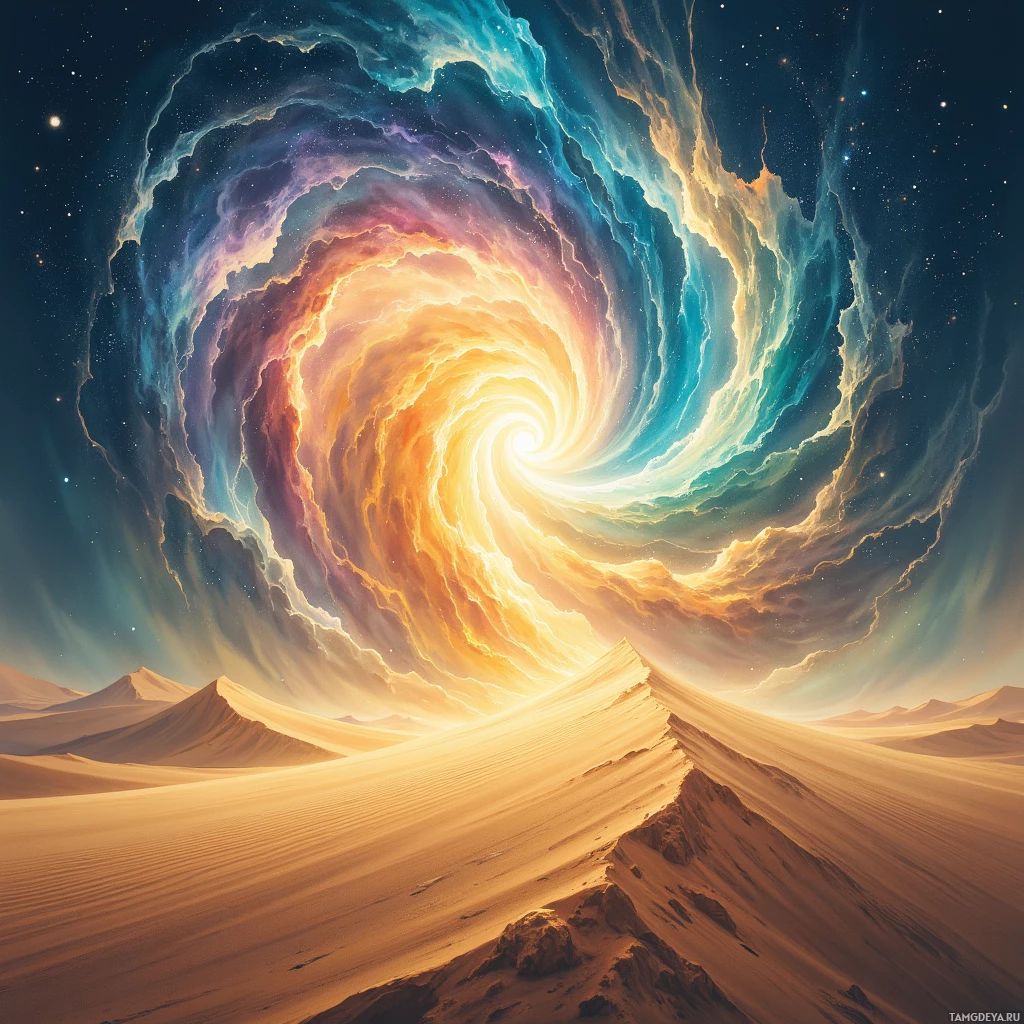A desert landscape under a swirling galaxy sky.