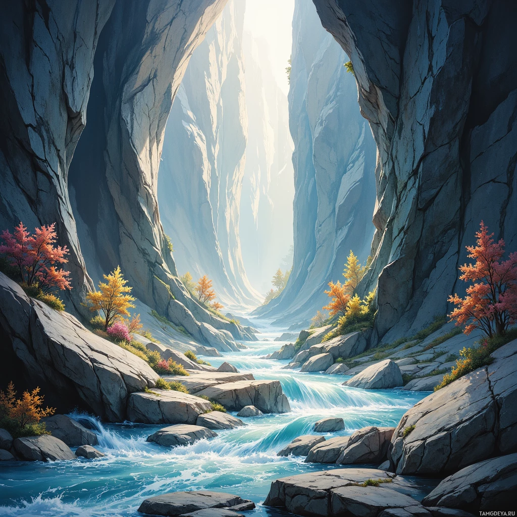 A serene river flows through a narrow canyon with towering rock walls and autumn-colored trees.