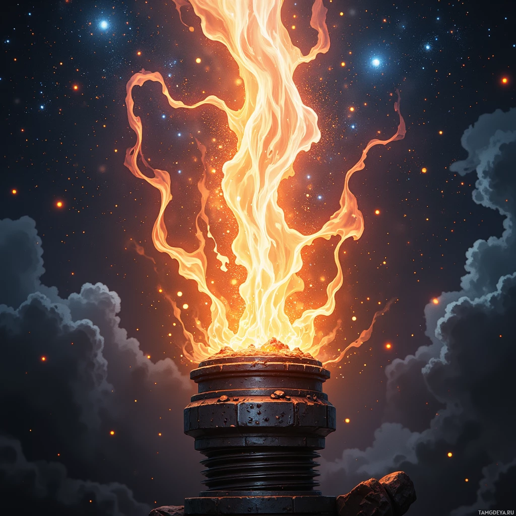 A fiery pillar of flame rises against a starry night sky.