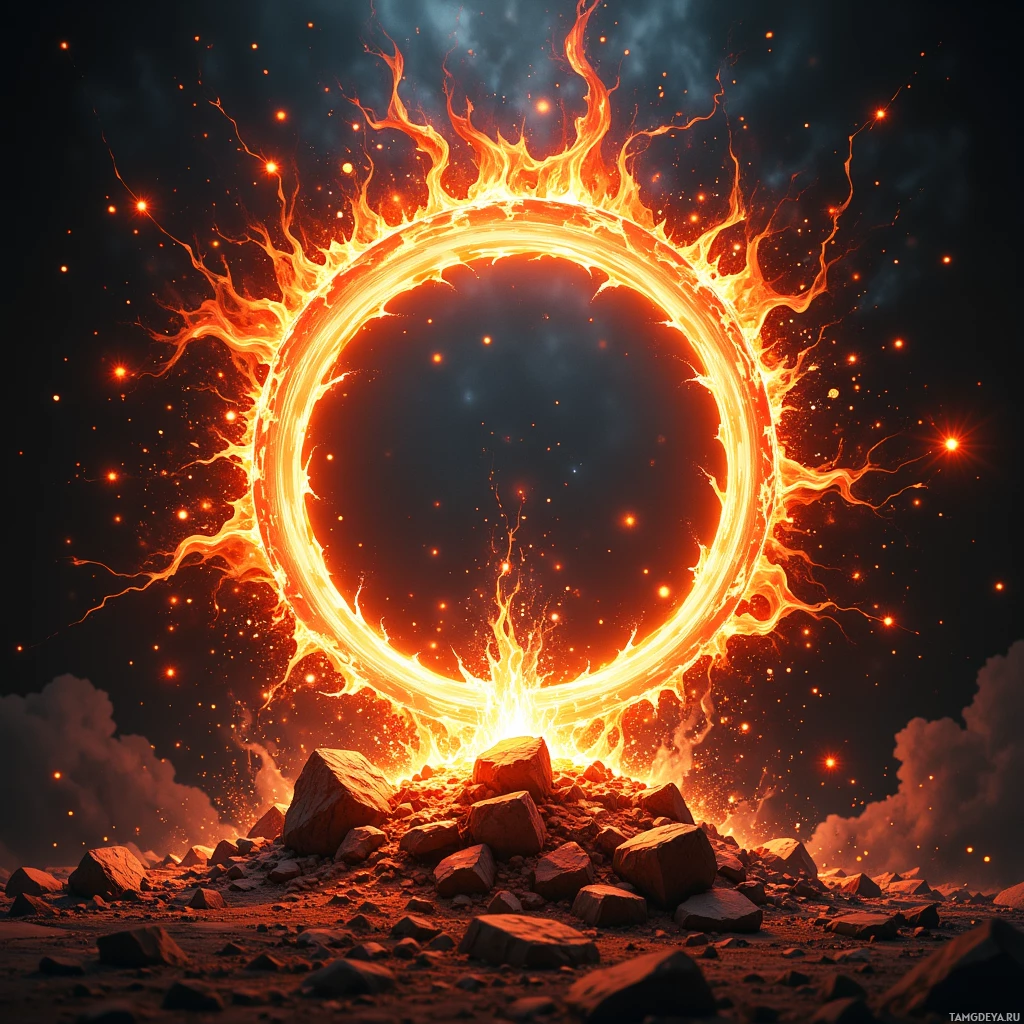 A fiery ring of light and sparks emerges from a rocky landscape against a dark sky.