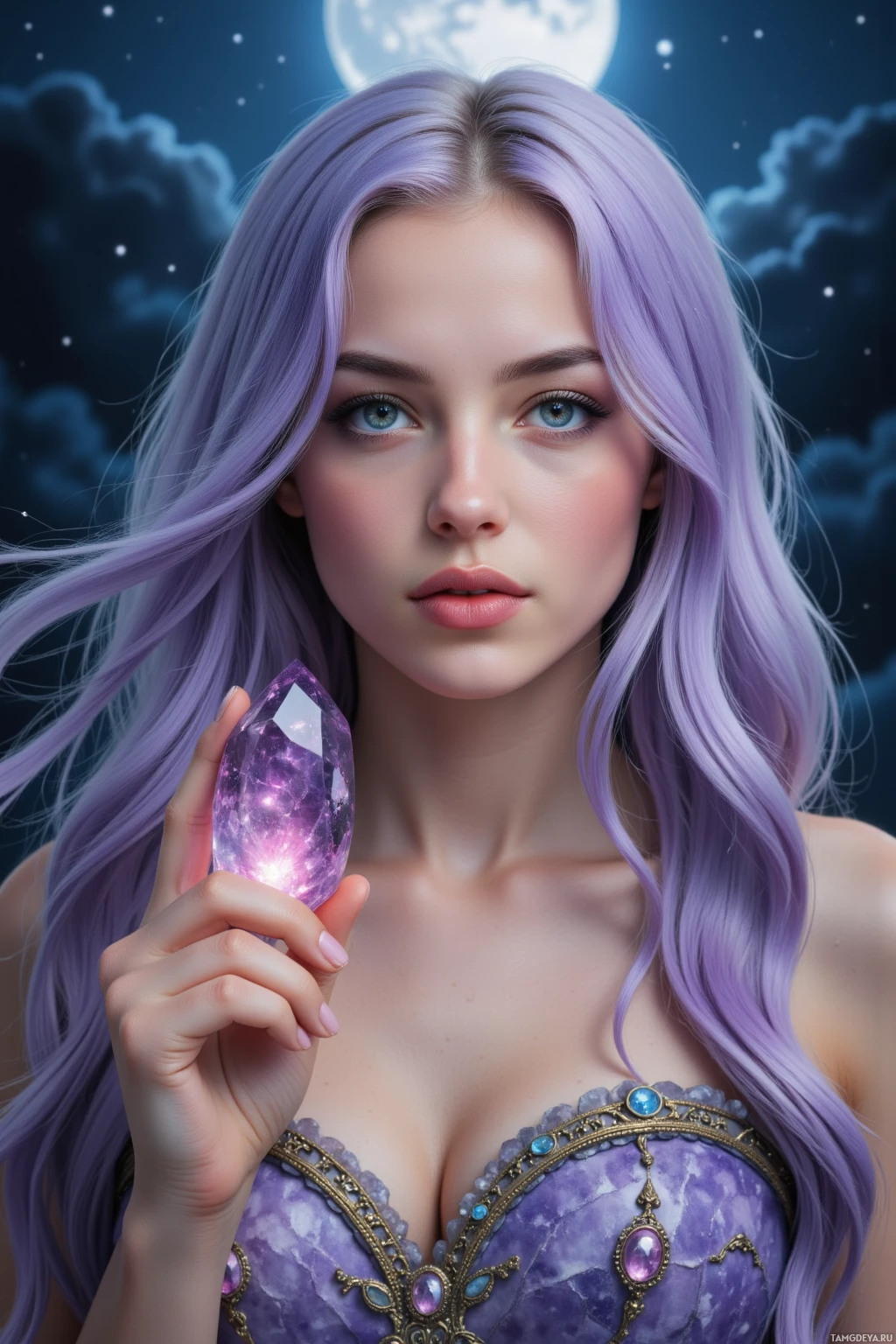A woman with long, flowing purple hair holds a glowing amethyst crystal in front of a night sky.
