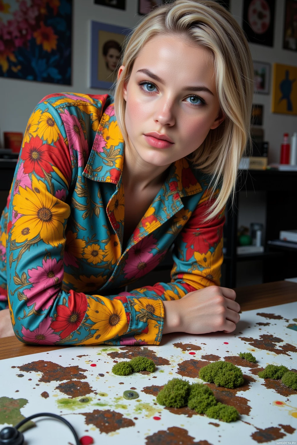 A person wearing a colorful floral shirt leans on a table with a patterned surface.