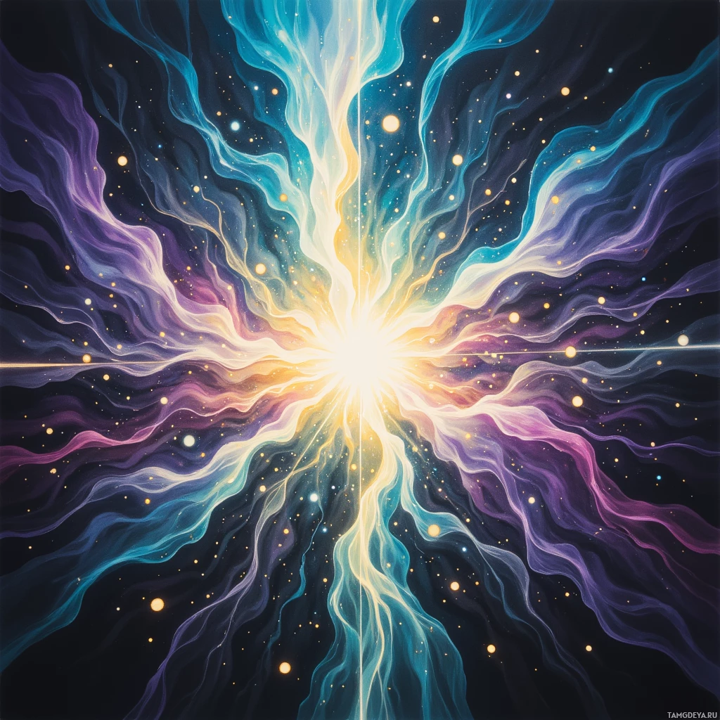 A vibrant cosmic scene with radiant light beams and scattered stars against a dark background.