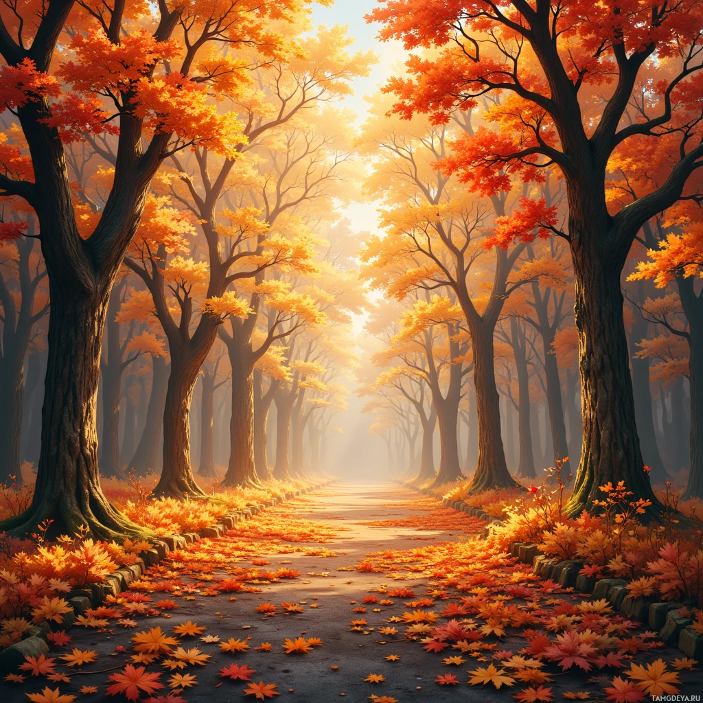 A serene autumn forest with vibrant orange and yellow leaves lining a path.