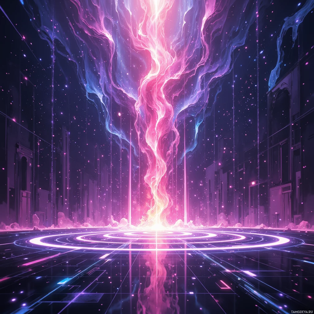 A vibrant, futuristic scene featuring a glowing, abstract structure with flowing lines and a grid-like floor.