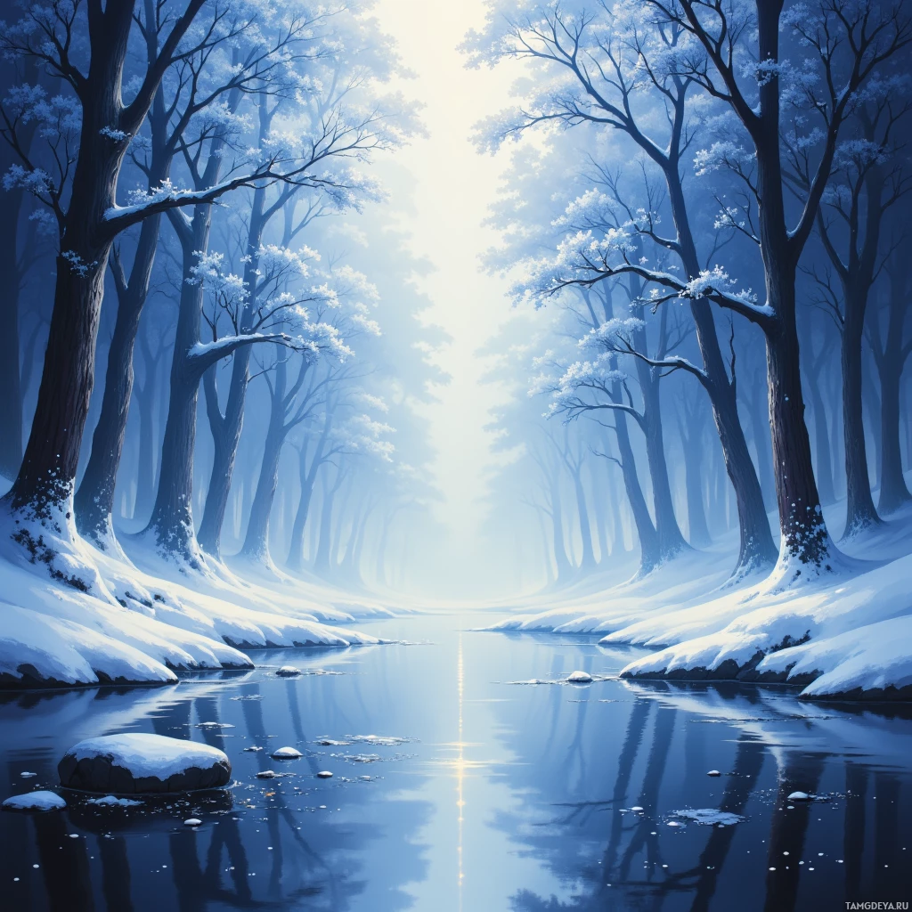 A serene winter landscape with snow-covered trees reflecting in a calm river.