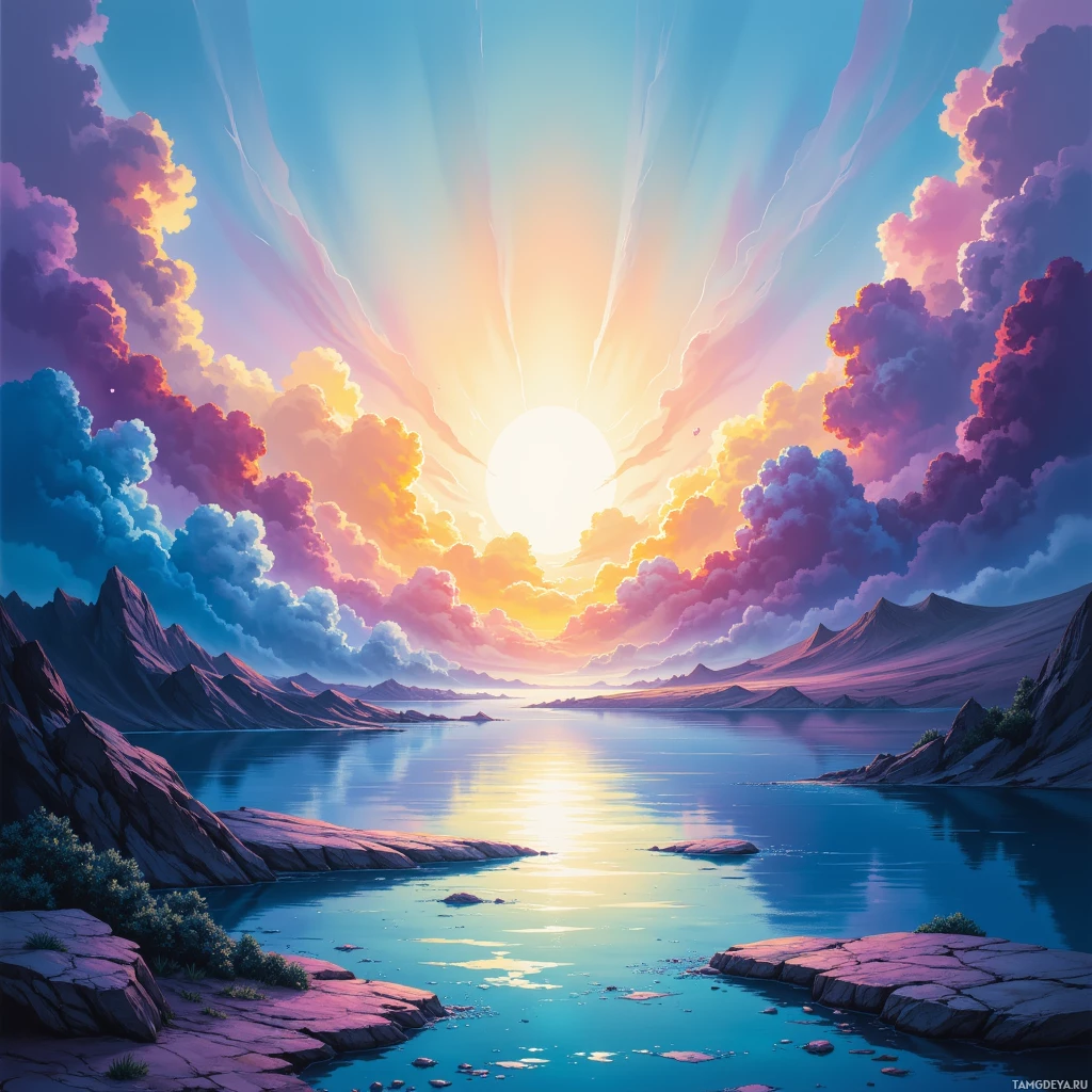A serene sunset over a calm body of water with rocky cliffs and vibrant clouds.