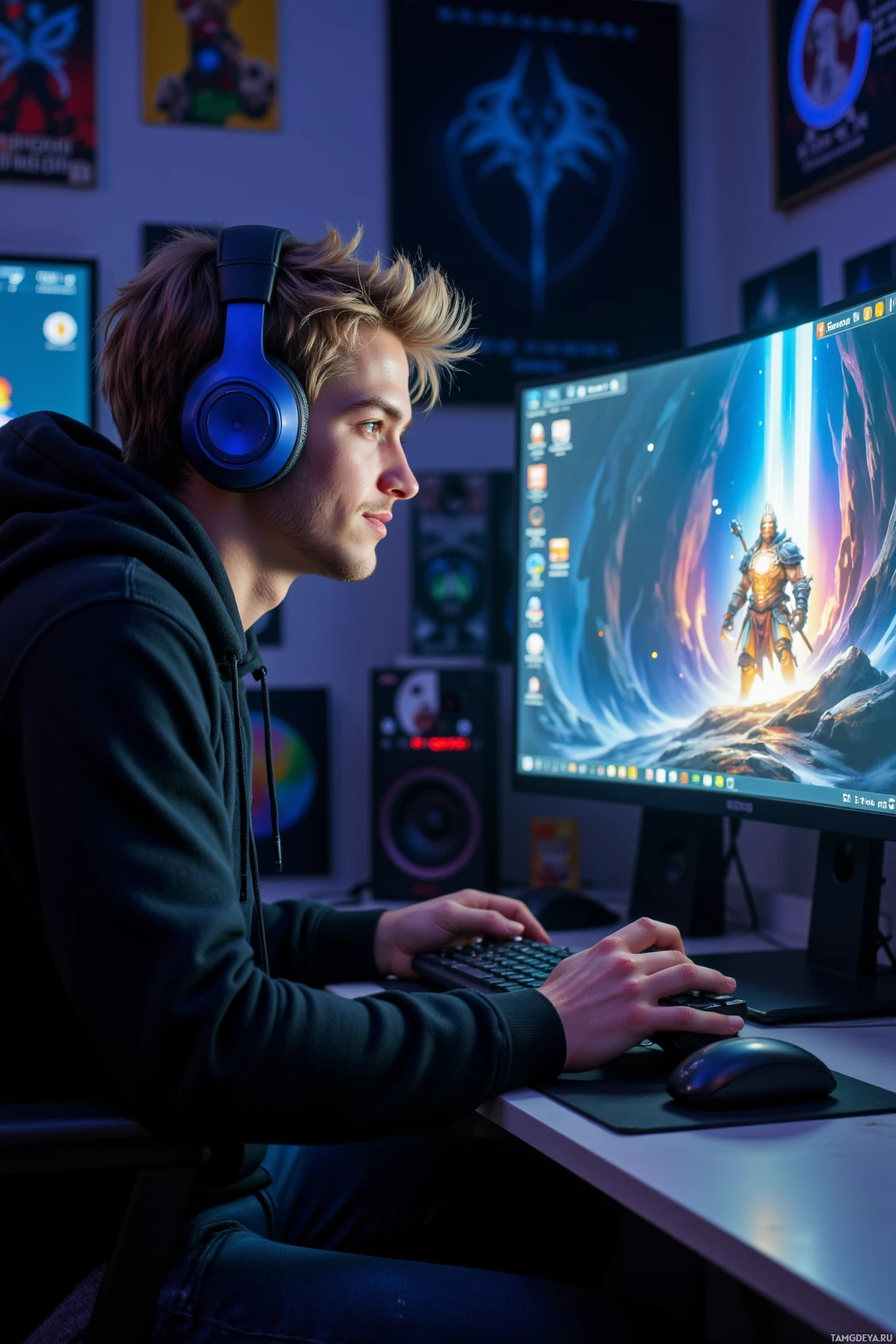 A person wearing headphones is seated at a desk, using a computer with a vibrant desktop background.