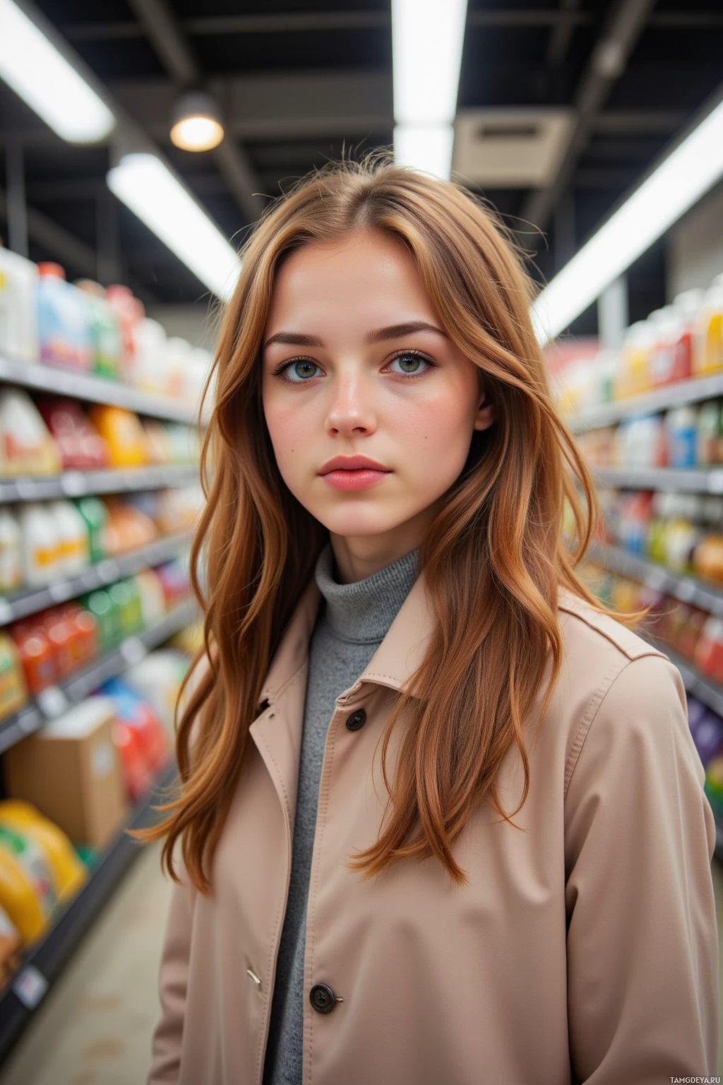 A young woman with long brown hair stands in a grocery store aisle.