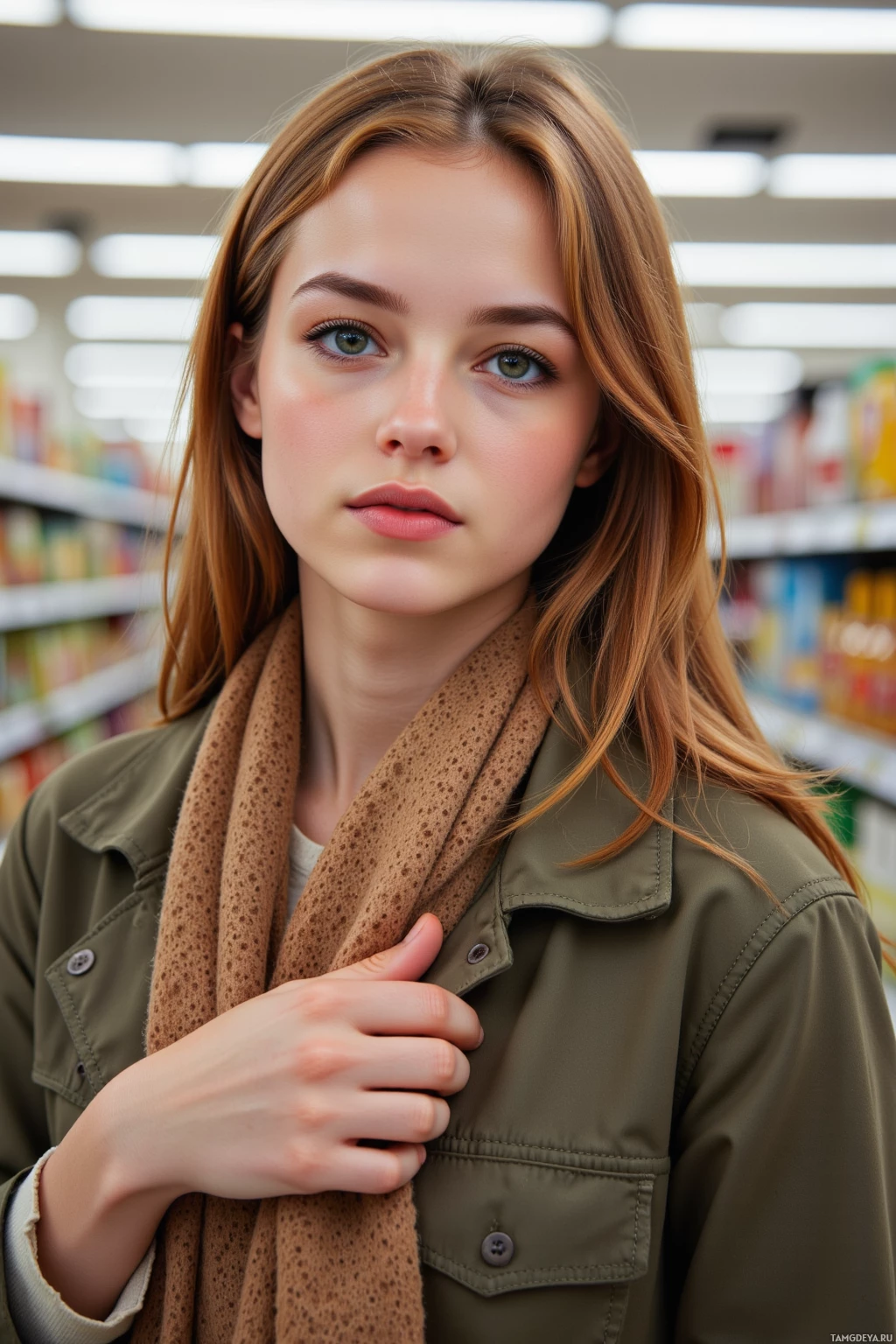 A young woman with long brown hair wearing a green jacket and a brown scarf stands in a grocery store aisle.